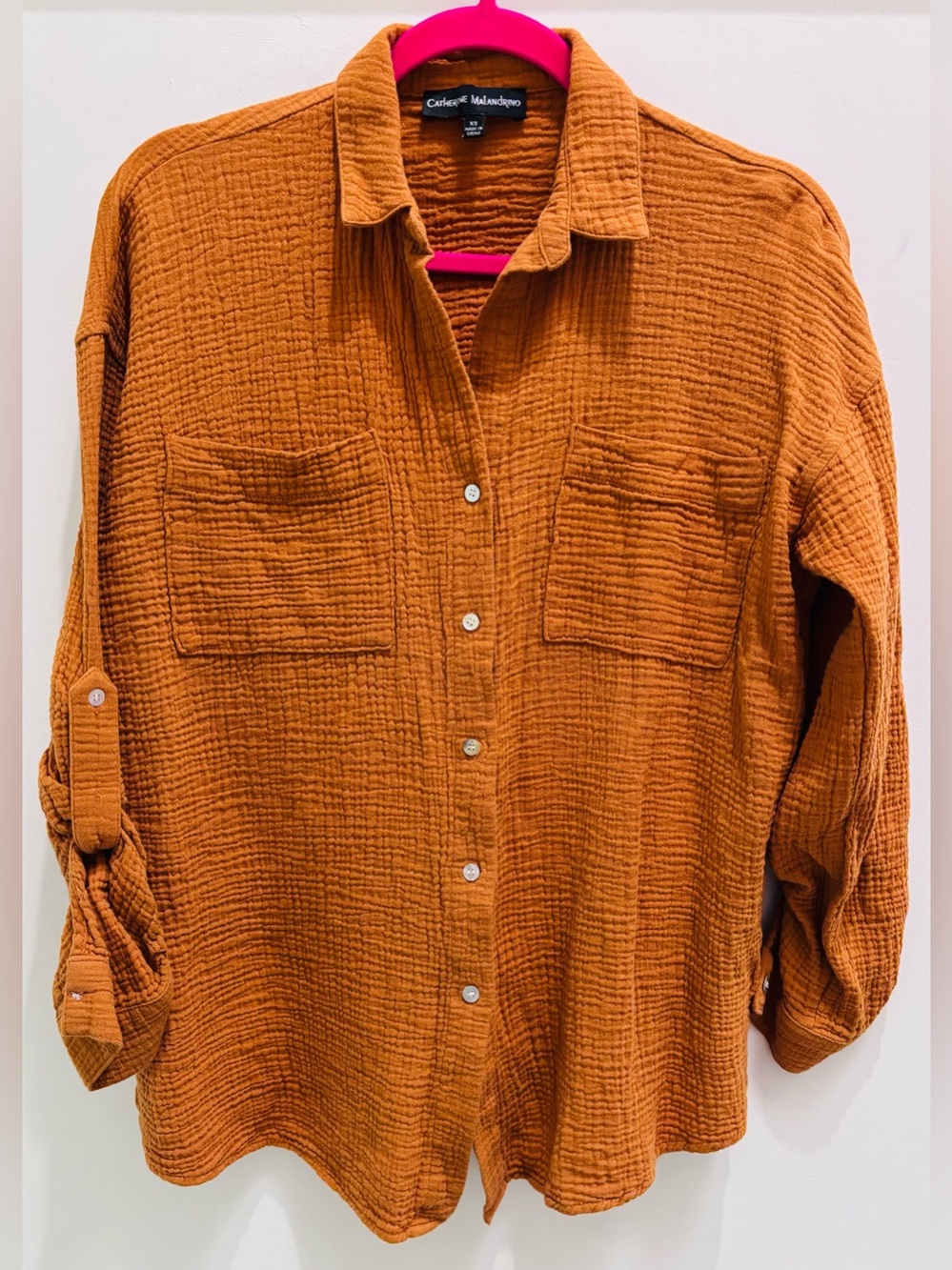 Catherine Malandrino burnet orange Rust Textured gauze Button-Down Shirt